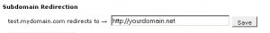 Subdomain Redirection screen showing a space to enter a URL for redirection