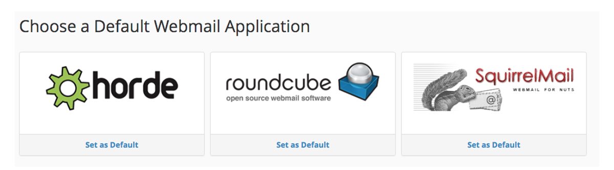Screenshot of the cPanel Default Webmail Applications page