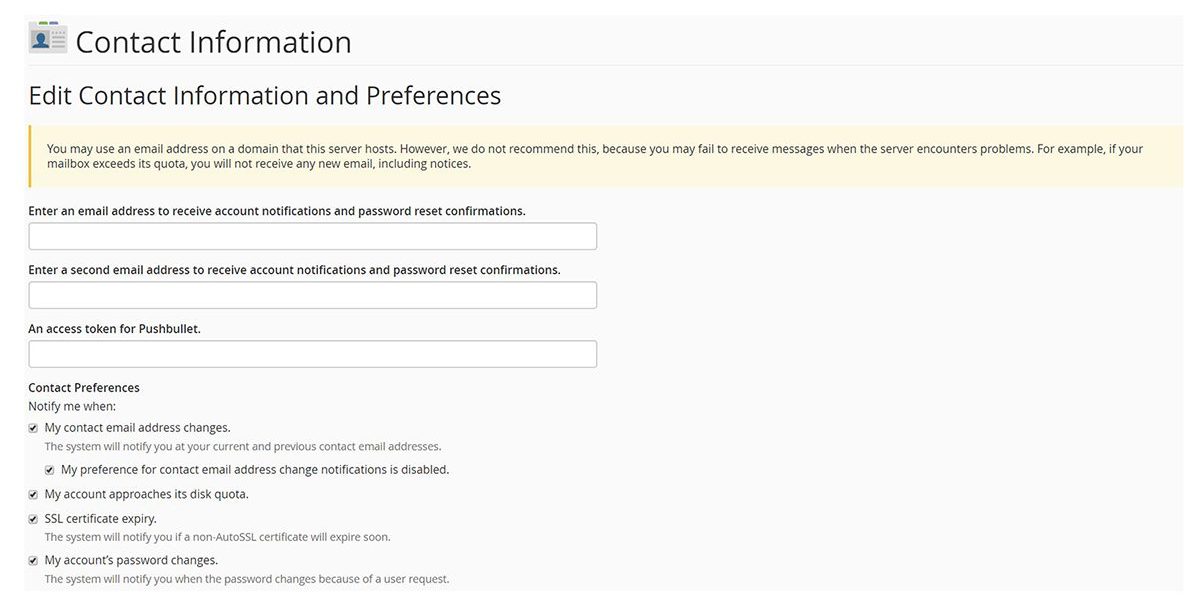 Screenshot of the cPanel Contact Information page