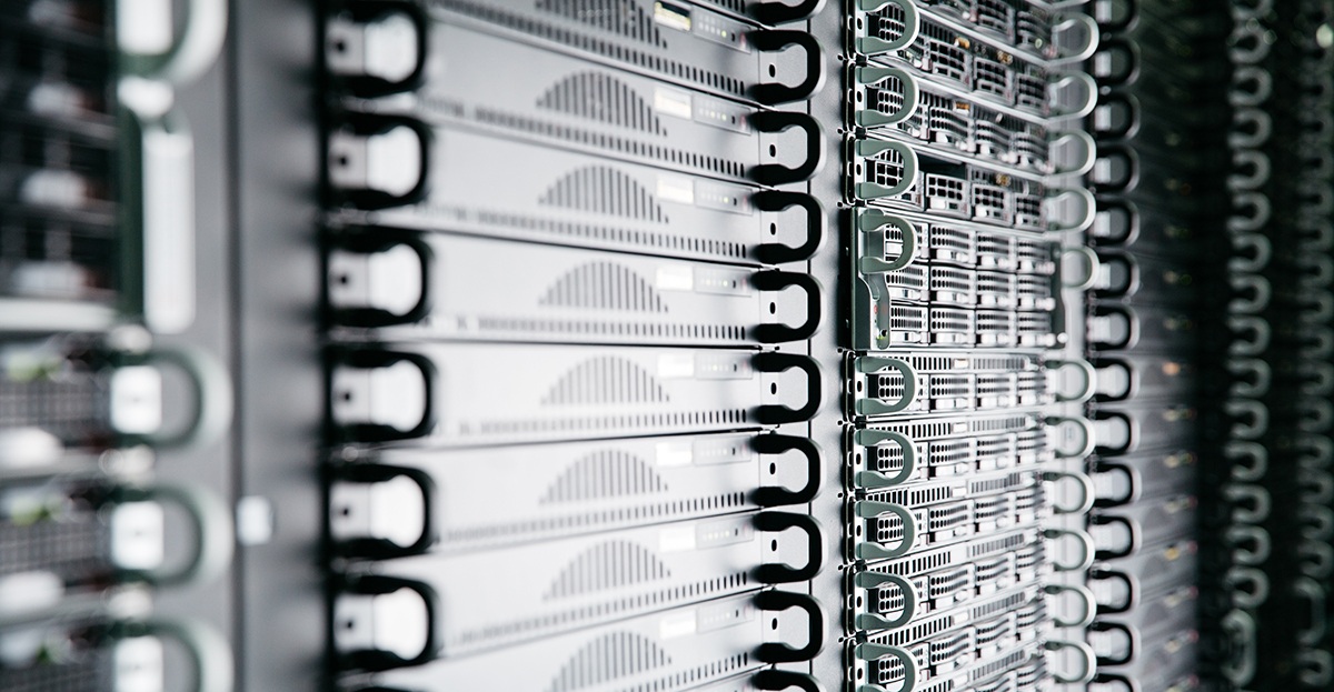 Stacks of dedicated servers stored in a cabinet