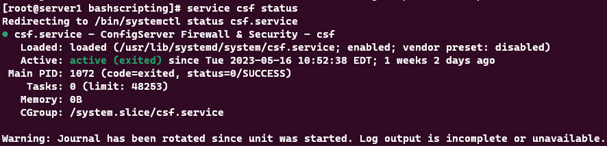 Screenshot showing the results of the service csf status command.