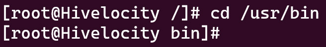 Screenshot showing the results of the cd /usr/bin command.