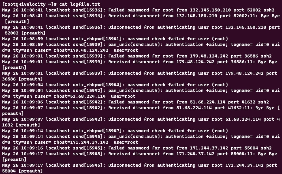 Screenshot showing the results of the cat logfile.txt command.