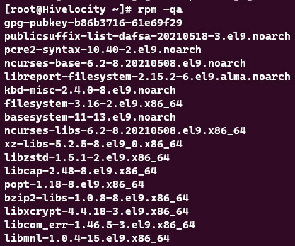 Screenshot showing the results of the rpm -qa command.
