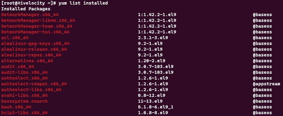 screenshot showing the results of the yum list installed command.