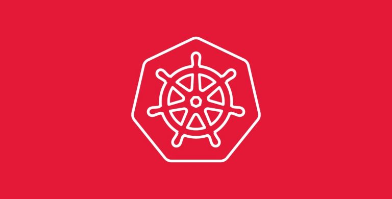 An image of the Kubernetes' logo, a seven-spoked steering wheel