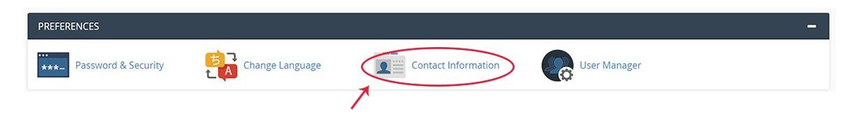 Screenshot of the cPanel Preferences section with the Contact Information icon highlighted