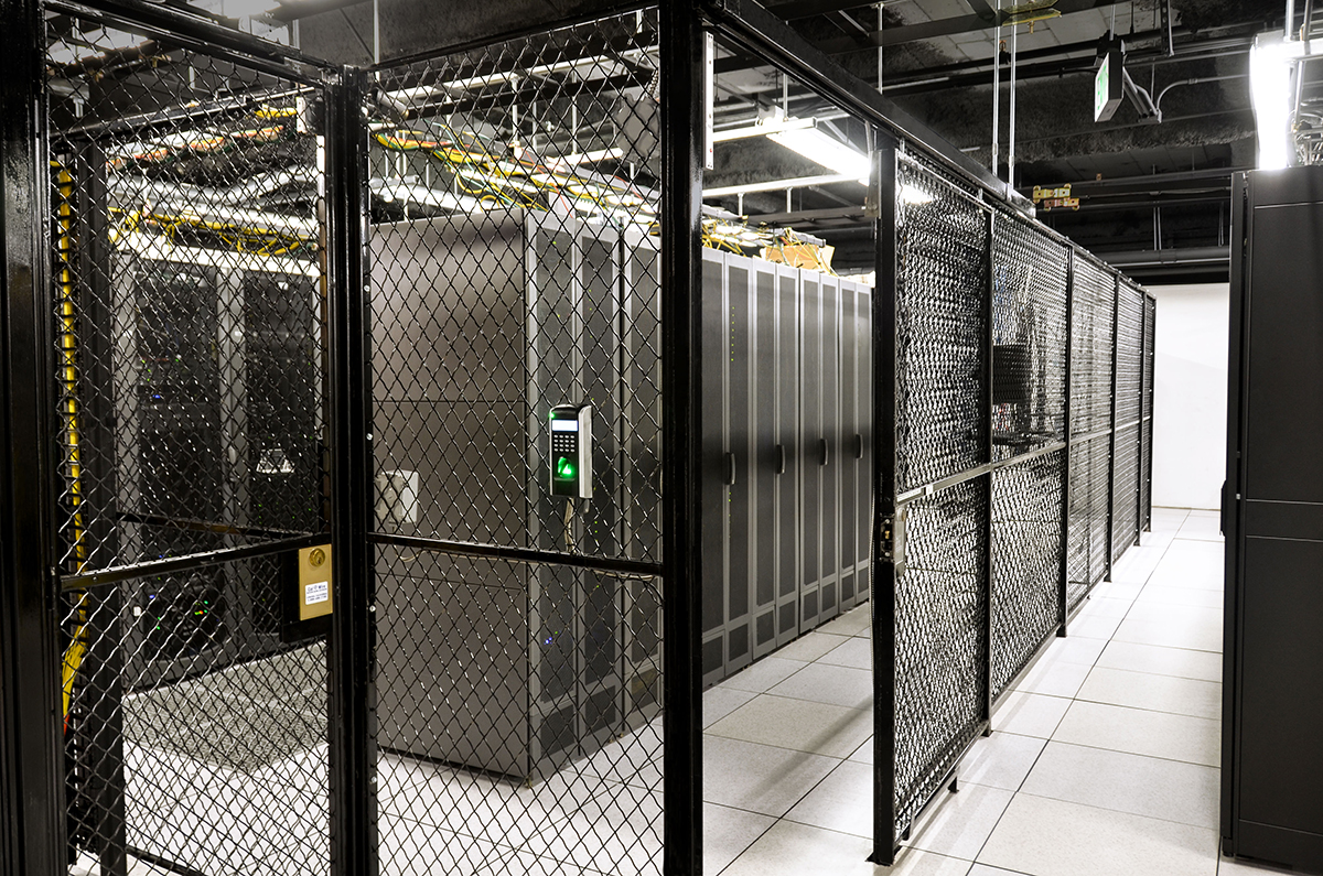 Rows of server cabinets within a server cage