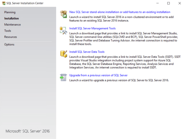 Window showing the SQL Server installation center with various options