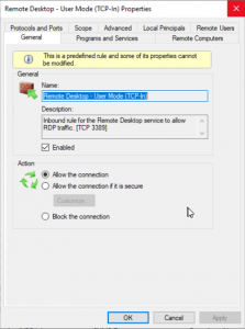 Remote Desktop user mode properties screen