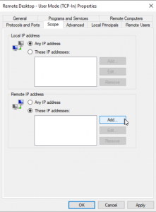 Properties screen highlighting the Scope tab and Remote IP Address list