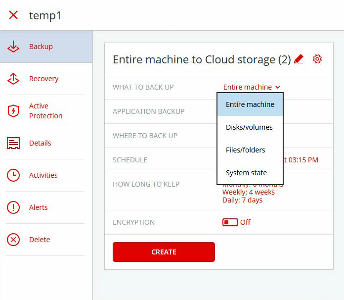 Window showing options for server backup 