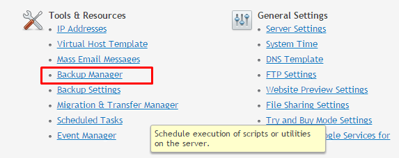 Plesk- select Backup Manager from the Tools & Resources section