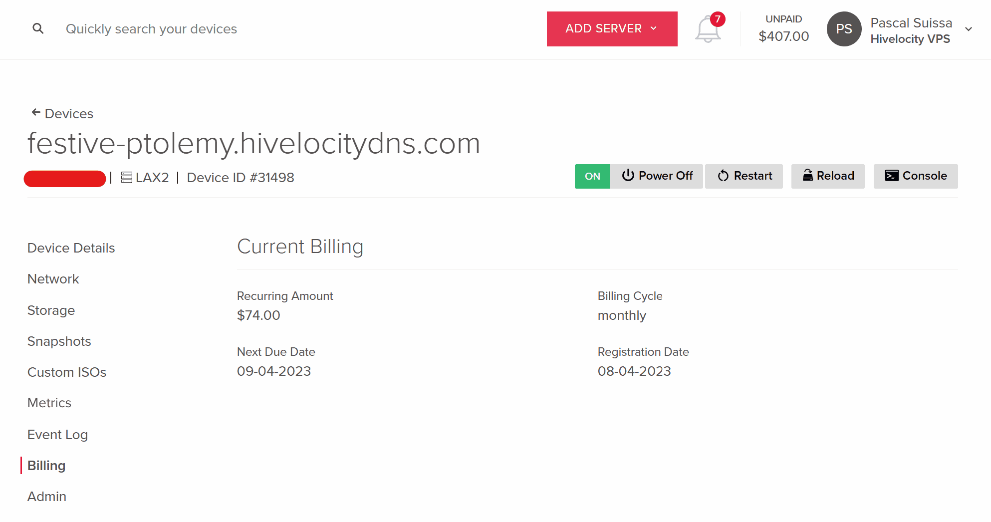 Screenshot of the Billing tab in myVelocity.