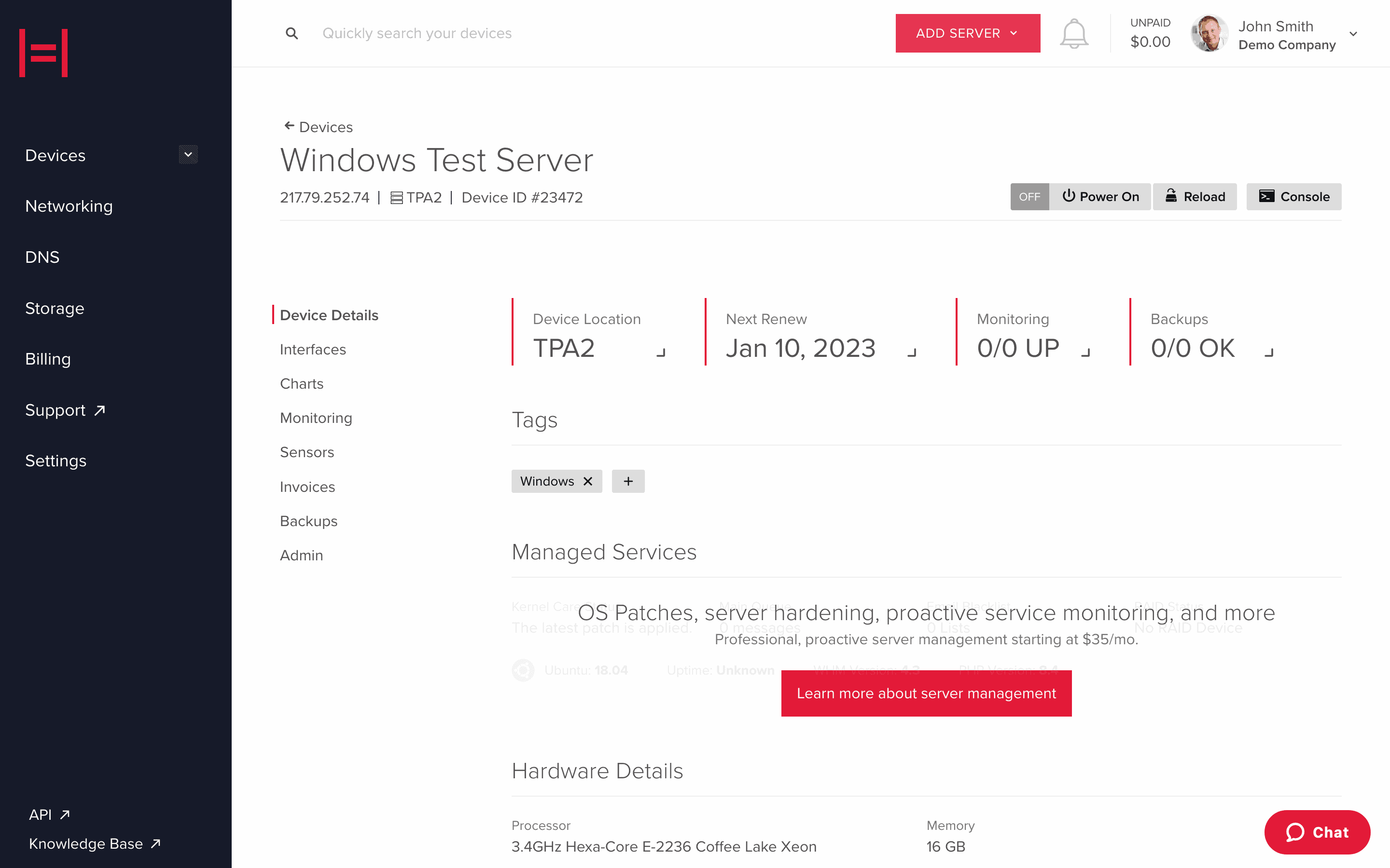 Screenshot of myVelocity showing "Windows Test Server" with Power Off Status