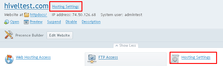 Plesk screen highlighting the "Hosting Settings" option next to the selected domain.