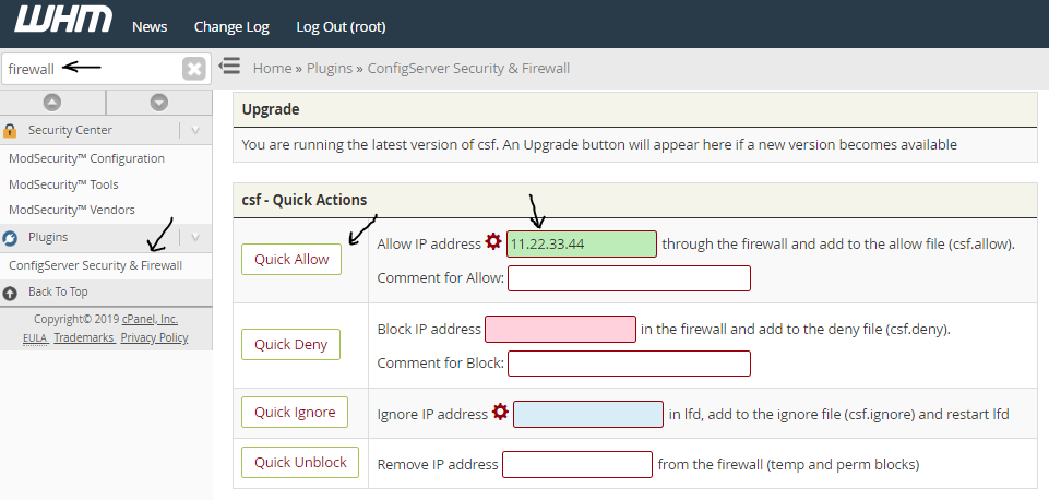 WHM panel showing search term "firewall", ConfigServer Security Plugin, Quick Allow, and allowed IP address entered