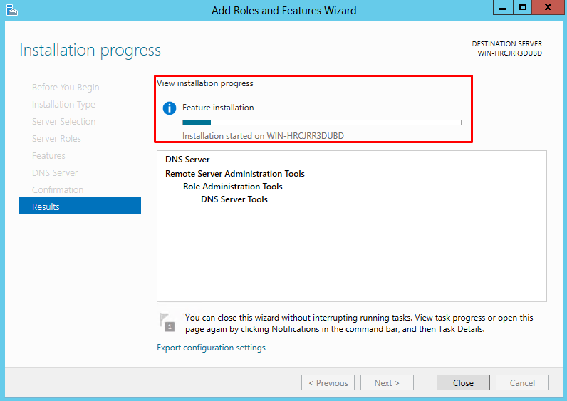 Results screen showing the DNS server installation progress bar