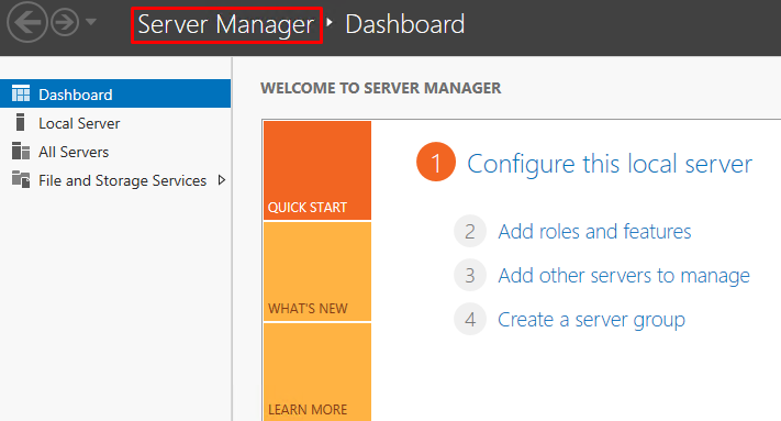 Screenshot showing the Server Manager dashboard with the option to configure a local server