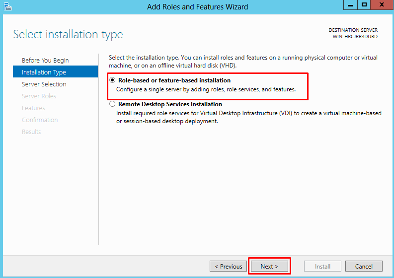 Installation Type screen highlighting the option for "Role-based or feature-based installation"