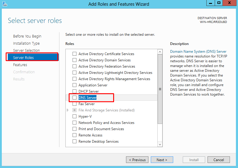 Server Roles screen showing the list of available roles and highlighting the option to install "DNS Server"