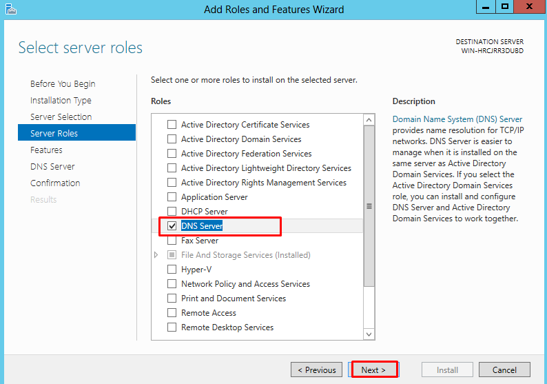 Server Roles screen showing the "DNS Server" option selected and highlighting the "Next" button at the bottom of the screen 