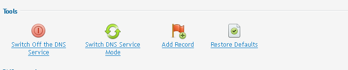 Window showing the tools available under DNS settings, include options to turn off DNS, add new records, and restore defaults