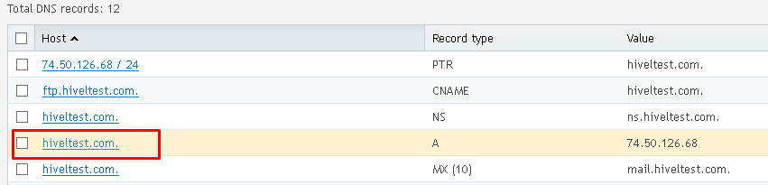 List of current DNS records associated with the selected Domain Name, highlighting a sample record