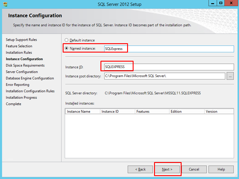 Instance Configuration page with "Named Instance" highlighted