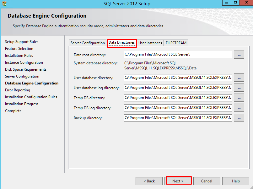 Database Engine Configuration page with "Data Directories" tab highlighted