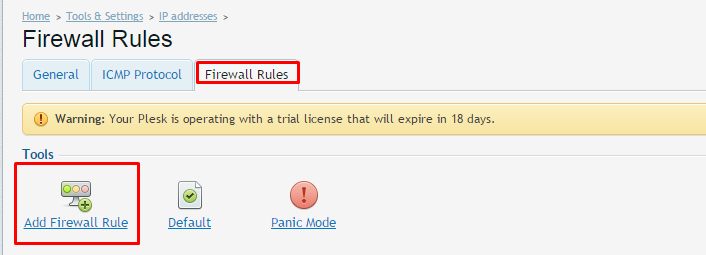 Add Firewall rule Button in Plesk 