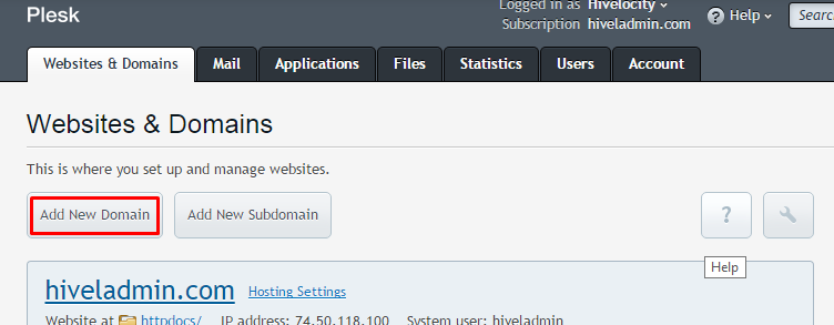 “Add Domain” button in Plesk 