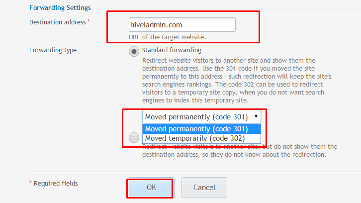 "Forwarding Settings” option in Plesk 