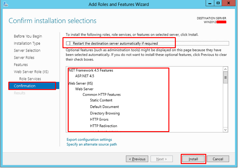 Confirmation screen highlighting the features that will be installed with Web Server (IIS)