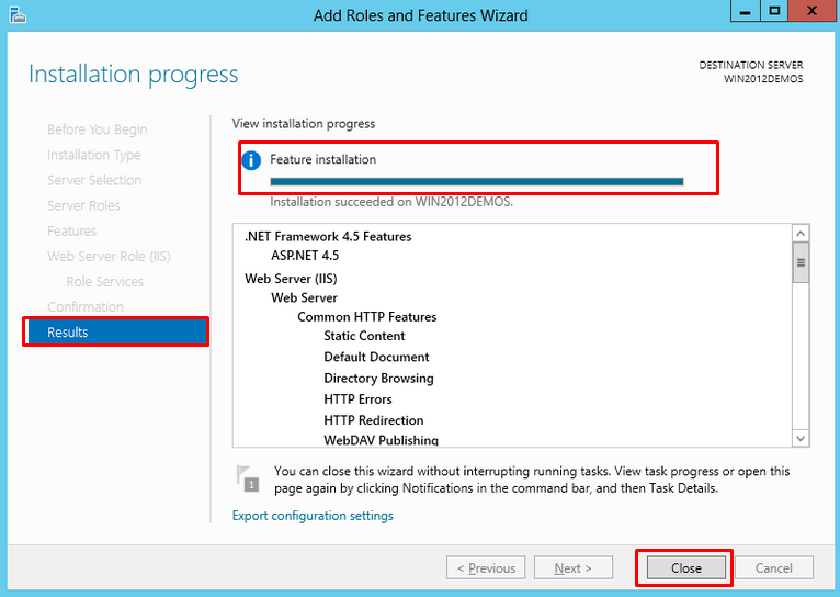 Installation Progress screen showing successful installation of IIS