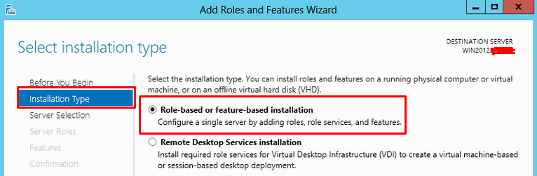 Installation Type screen highlighting the option for "Role-based or feature-based installation"