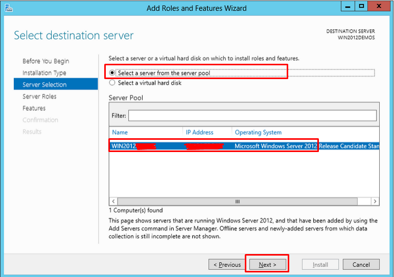 Server Selection screen highlighting the option to "Select a server from the server pool"