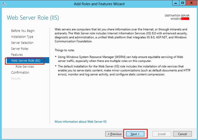 Web Server (IIS) information screen highlighting the "Next" button