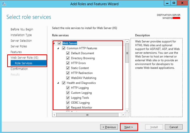 Select Role Services screen highlighting available IIS options