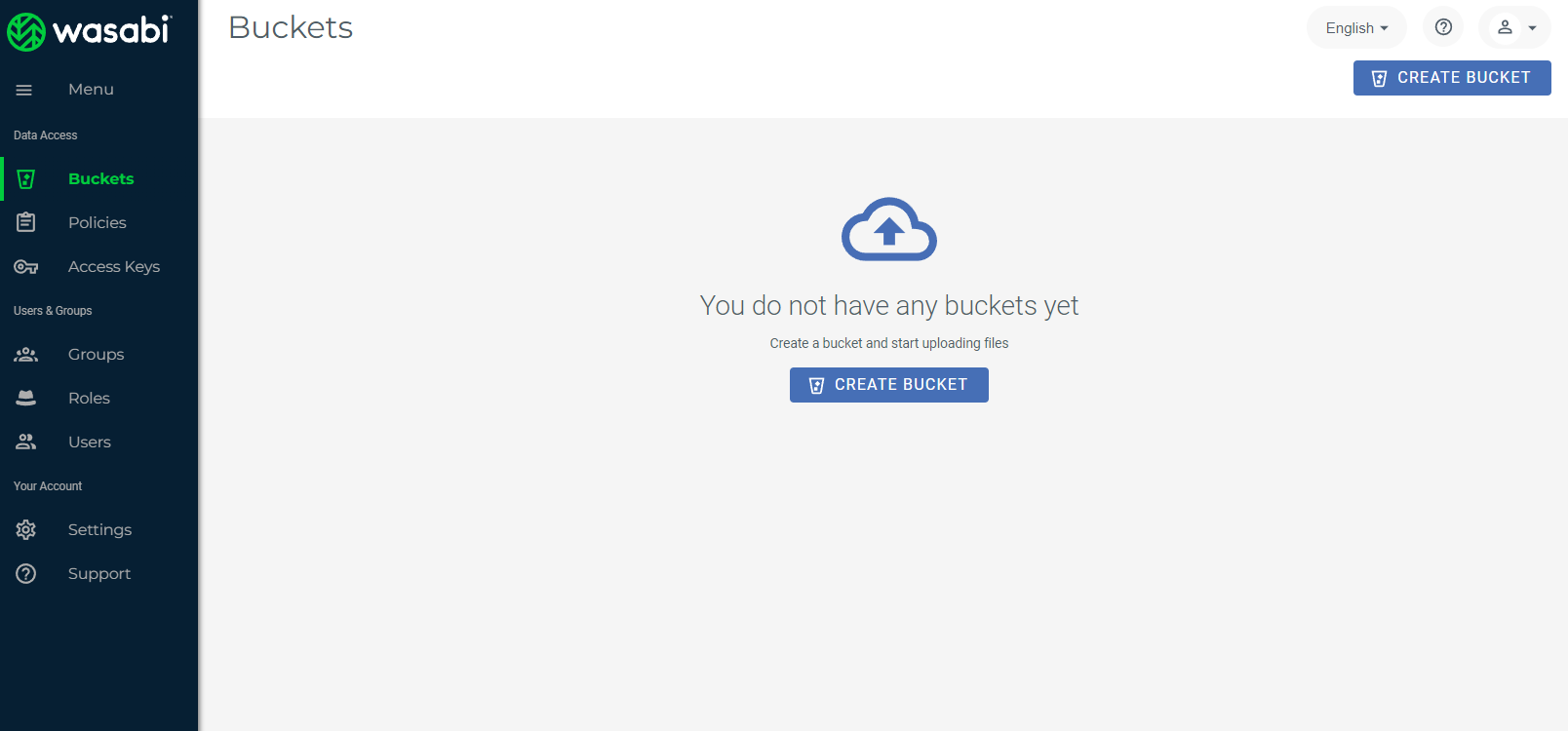 Screenshot of the Wasabi control panel showing no buckets have been created yet