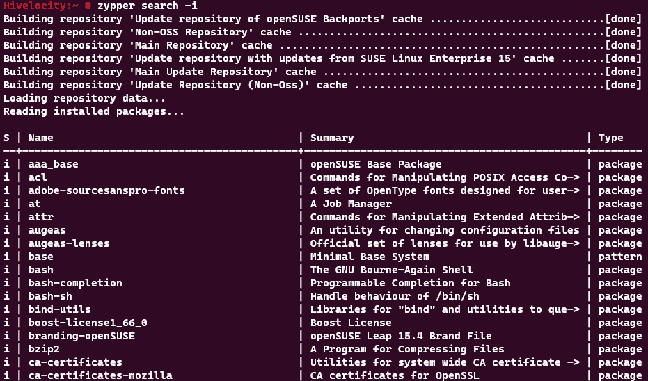Screenshot showing the results of the zypper search -i command.