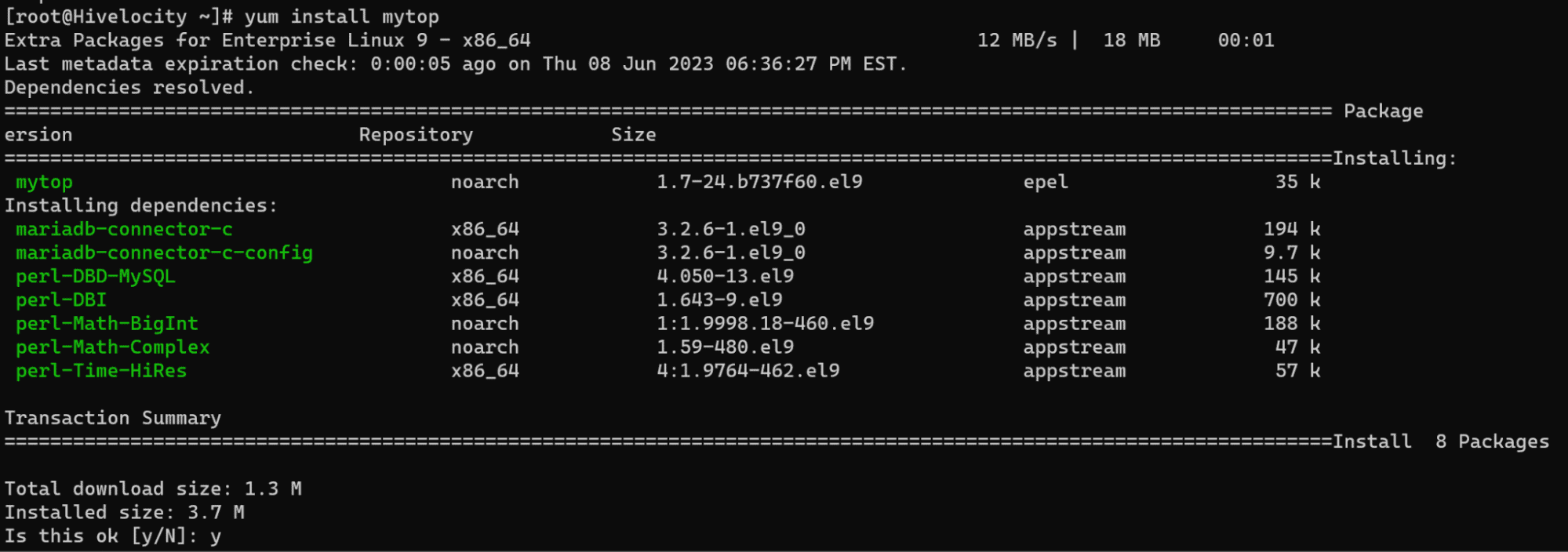 Screenshot showing the result of the yum install mytop command.