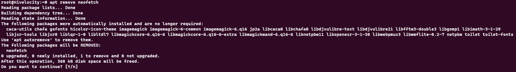 Screenshot showing the results of the apt remove neofetch command.
