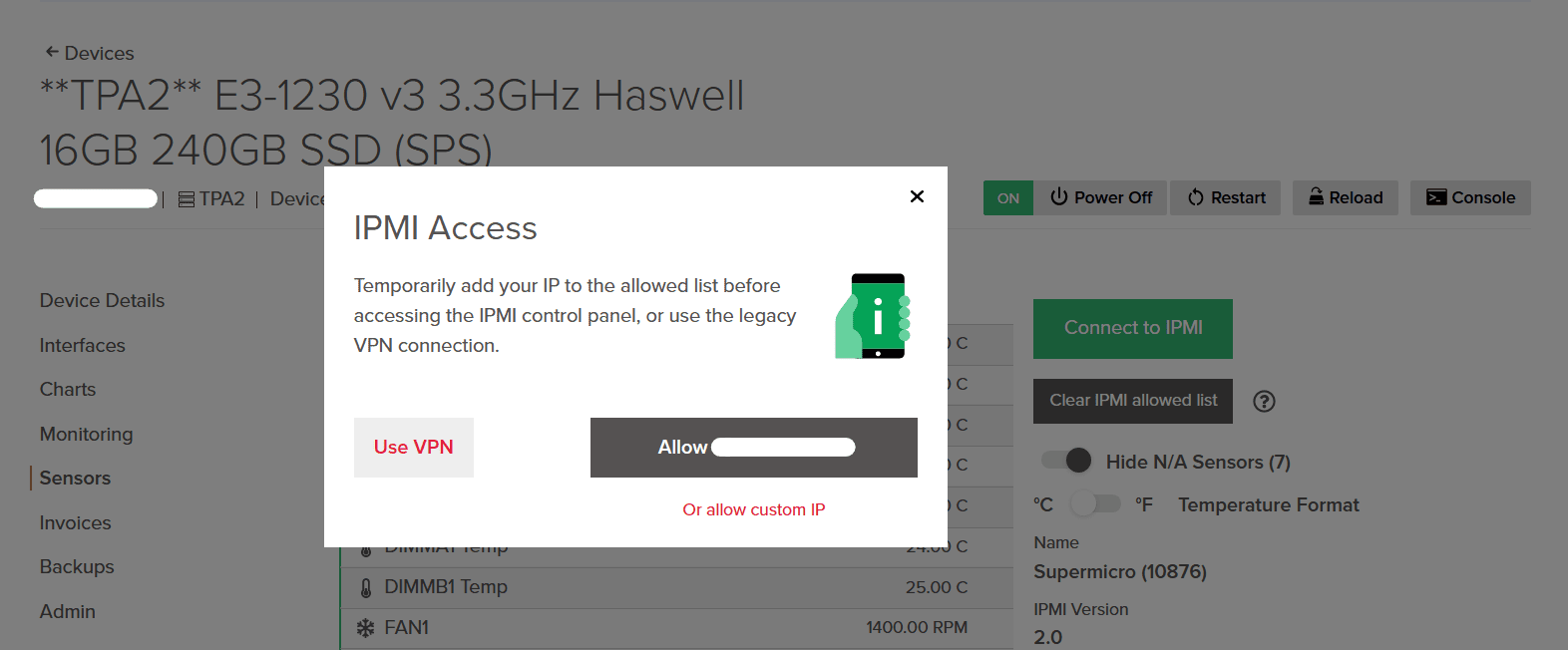 Screenshot showing the IPMI Access window with options for Use VPN or Allow IP.