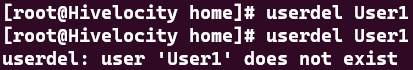 Screenshot showing the results of the userdel User1 command.