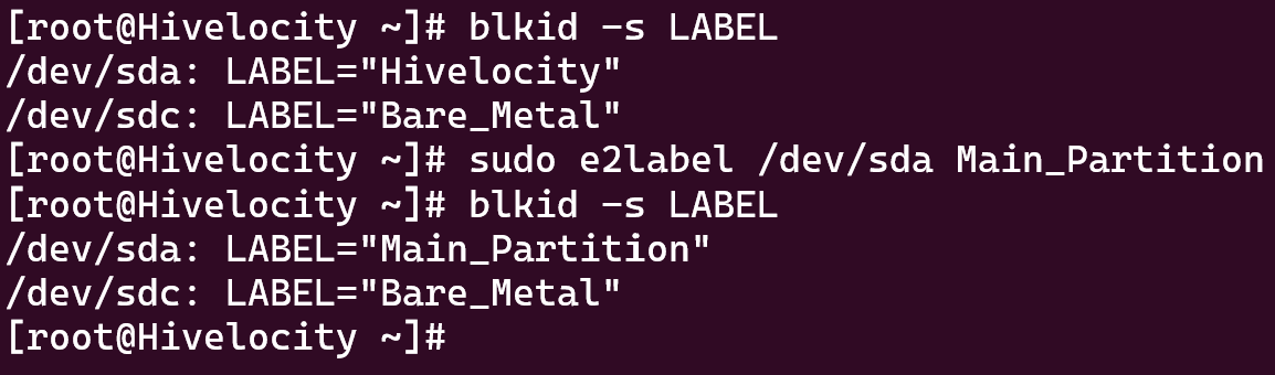 Screenshot showing the results of the sudo e2label /dev/sda Main_Partition command.