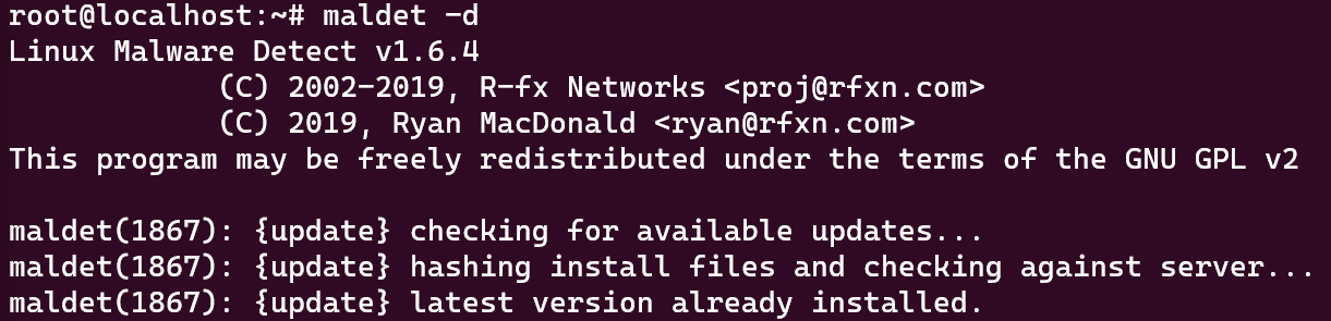 Screenshot showing the results of the "maldet -d" command