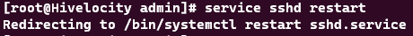 Screenshot showing the results of the command service sshd restart.
