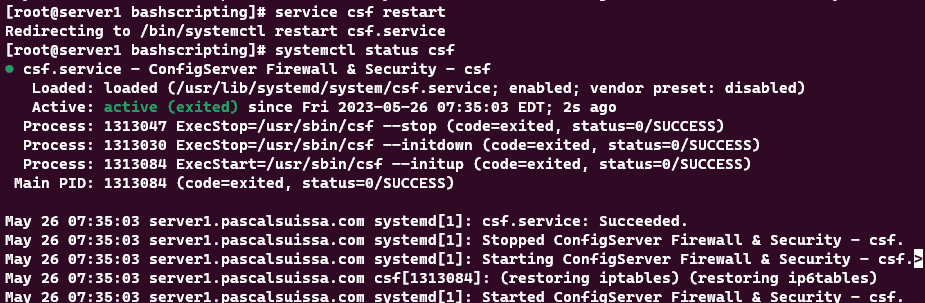 Screenshot showing the result of the service csf restart command.