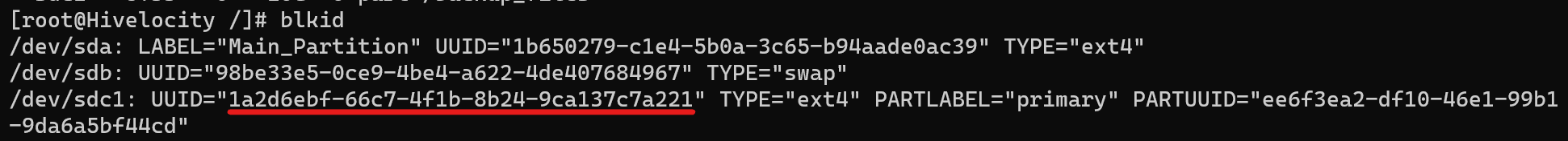 Screenshot highlighting the UUID of the partition in question.